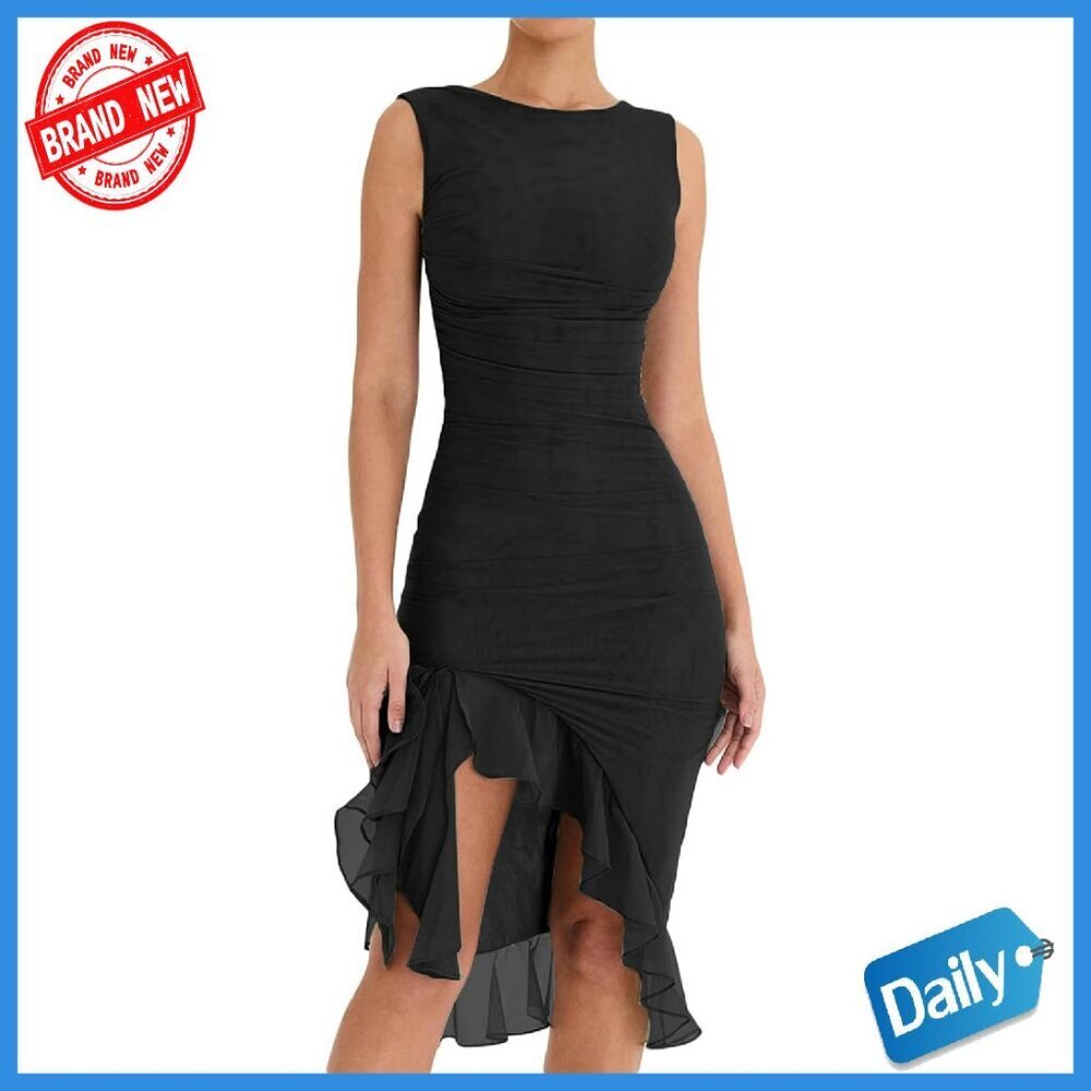 Midi Bodycon Dress Sleeveless Ruffle Mermaid Cocktail Party Formal